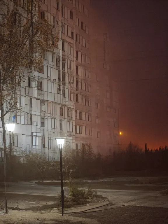 Prompt: film still of low residential building in russian suburbs, lights are on in the windows, deep night, post - soviet courtyard, cozy atmosphere, light fog, street lamps with orange light, several birches nearby, several elderly people stand at the entrance to the building