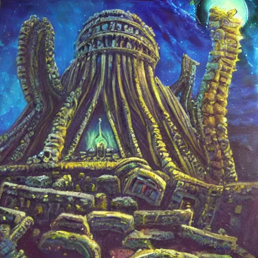 Prompt: lovecraftian temple ruins in space, oil painting