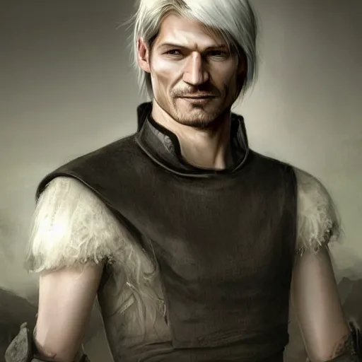 Prompt: a young Nikolaj Coster-Waldau with white hair, a white tunic and a black vest, fantasy art, digital painting, by Heise Jinyao, Heise-Lian Yan Fang, feimo, Richard Taddei, trending on ArtStation, concept art, cgsociety, octane render, trending on artstation, artstationHD, artstationHQ, unreal engine, 8k