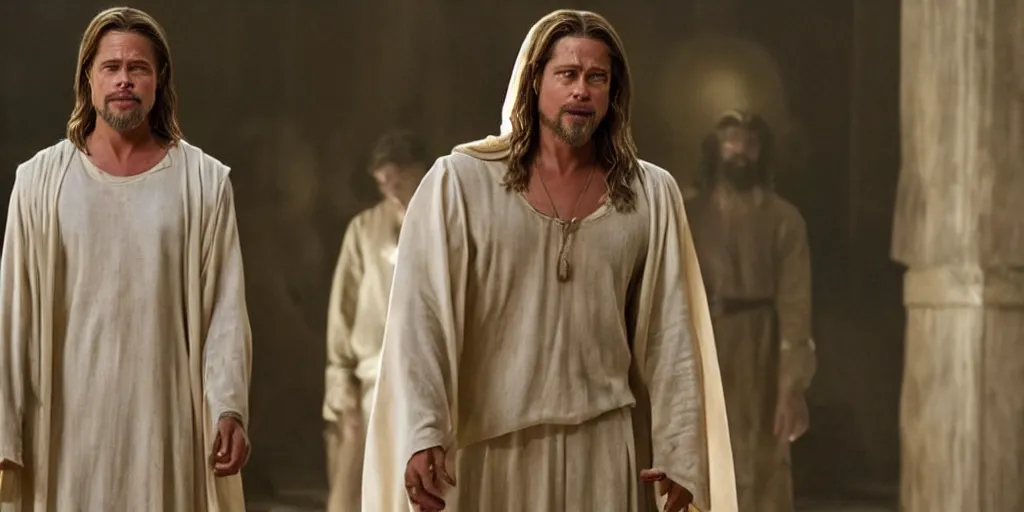 Prompt: Brad Pitt as Jesus Christ in 'Jesus Christ: The Musical' (2021), movie still frame