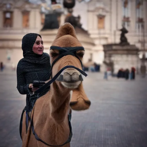 Image similar to anna forsterling and saul bromberger, yulia nevskaya, pulitzer, photorealistic, bokeh, 4 k, fine 5 k details, fine details, fine intricate, fine facial proportionate, fine body proportionate / woman wear burqa ride camel and handling gun