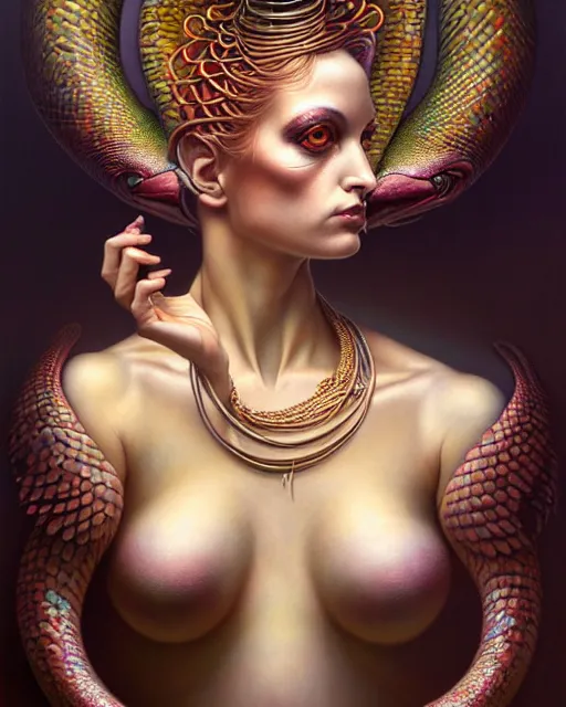 Image similar to a detailed portrait of dreampunk flamingo python hybrid mix goddess by tomasz alen kopera and peter mohrbacher