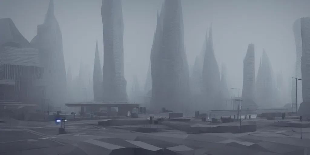 Image similar to a low poly object of a futuristic city, thick fog, elegant, moody, unreal engine