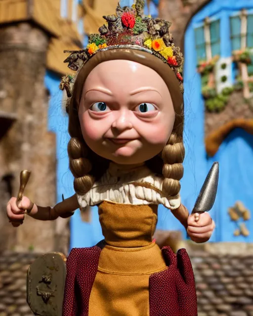 Image similar to highly detailed closeup, face profile portrait of a tin toy greta thunberg as a medieval goblin eating cakes in a castle, bikini, depth of field, nicoletta ceccoli, mark ryden, lostfish, dan decarlo, bob clampett, max fleischer, detailed and intricate environment, 8 k resolution, hyperrealistic, octane render