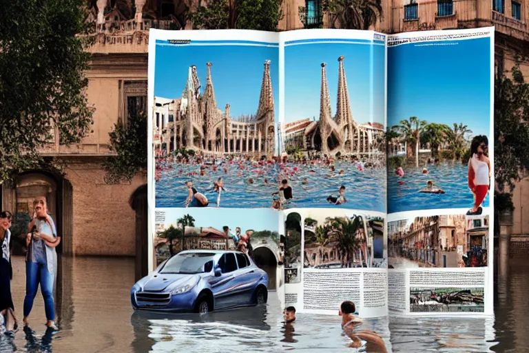 Image similar to touristic magazine ads of a family visiting a catastrophic barcelona, buildings covered with high water, floating cars, catchy graphic design, photo real