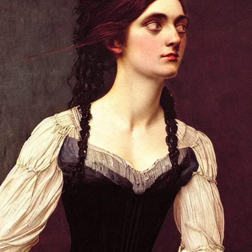 Prompt: A beautiful victorian woman, gothic dress, flowing hair, oil painting, portrait, dramatic lighting, masterpiece, painted by Caspar David Friedrich