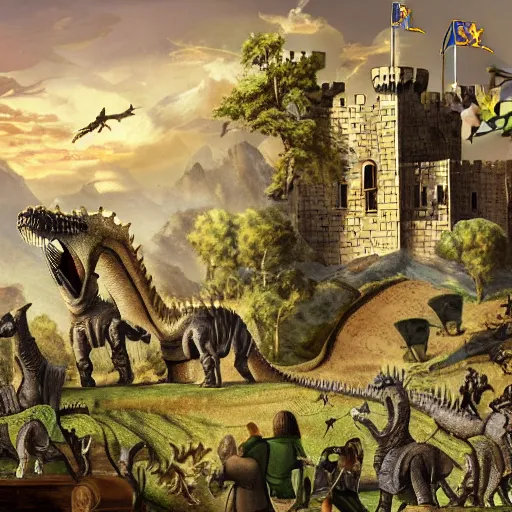 Prompt: A castle with knights on dinosaurs, high detail