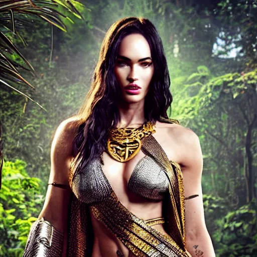 Image similar to full body photo of megan fox as a beautiful amazon warrior goddess wearing a flowing cape and golden chain mail armor, ornate jewelry, in the jungle, studio lighting, octane render, fashion photo by Arney freytag