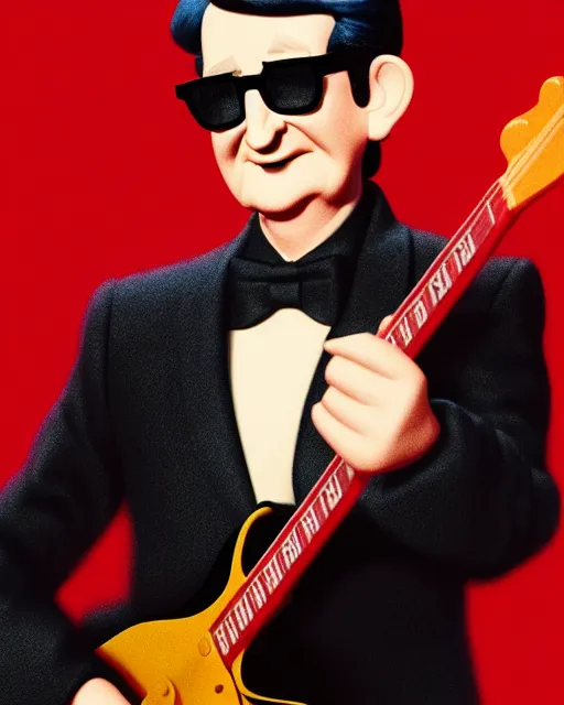 Image similar to disney pixar portrait 8 k photo of roy orbison on a smoky stage : : by weta, greg rutkowski, wlop, ilya kuvshinov, rossdraws, artgerm, annie leibovitz, rave, unreal engine, alphonse mucha : :