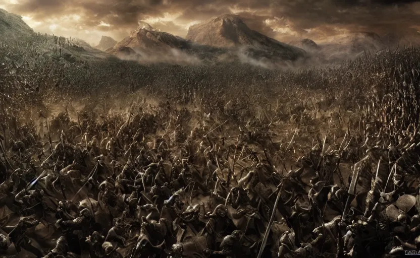 Image similar to stunning photograph of the battle of the pelennor fields, detailed, by erwin olaf, joop geesink, jim henson, brian froud, 8 k resolution, beautiful lighting, studio light, extremely detailed, establishing shot, realistic materials, hyperrealistic