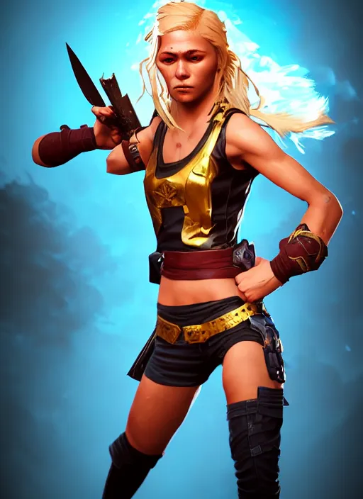 Image similar to An epic fantasy comic book style portrait painting of an athletic female thief with blonde hair dancing, unreal 5, DAZ, hyperrealistic, octane render, cosplay, RPG portrait, dynamic lighting, high detail