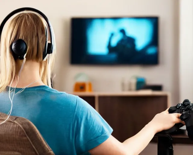 Image similar to view from behind of a cute beautiful blonde woman wearing headset playing game, watching television displaying call of duty, intricate detail, cinematic composition