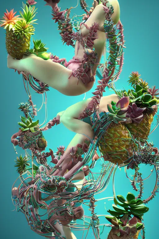 Prompt: epic 3 d abstract computer hacker, spinning hands and feet, 2 0 mm, with plum and teal peanut butter melting smoothly into asymmetrical succulents and pineapples, cpu, liquid cooled, wires, delicate, beautiful, intricate, houdini sidefx, trending on artstation, by jeremy mann, ilya kuvshinov, jamie hewlett and ayami kojima