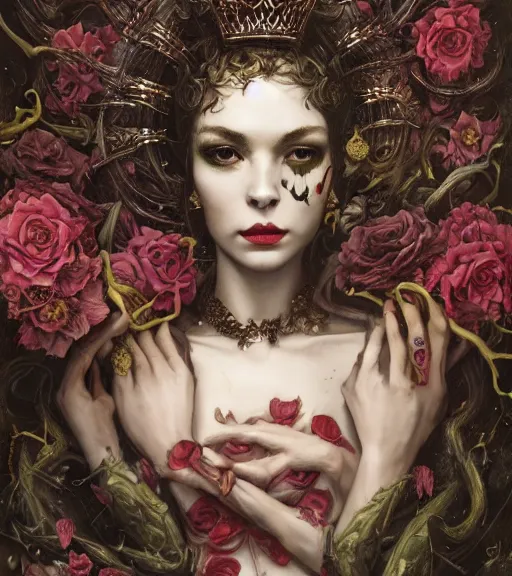 Prompt: portrait of the supreme queen of the blood cult, surrounded by skulls and overgrowth and dark flowers by karol bak, James Jean, tom bagshaw, rococo, trending on artstation, fantasy magic, fashion girl cinematic lighting, hyper realism, octane render, 8k, hyper detailed.