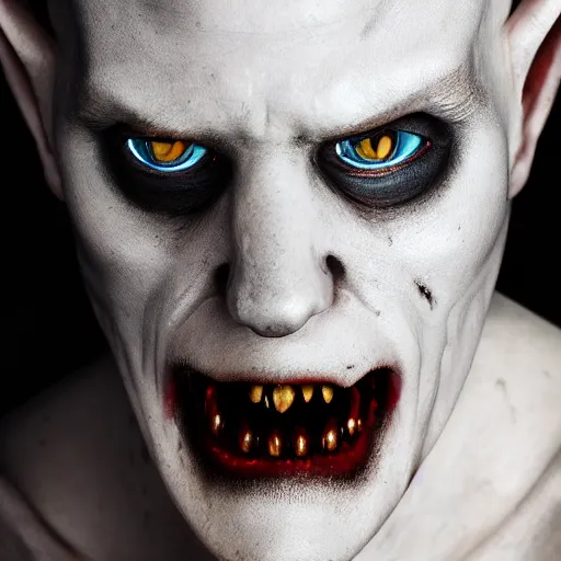 Image similar to vampire nosferatu, pale blue skin, portrait, extreme close up, photograph by elisabeth gadd, ultra detailed, realistic, dark, dramatic light, backlit