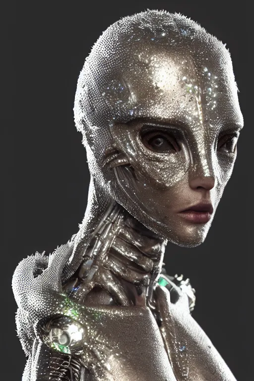 Image similar to skin concept, biopunk, in full growth, magical smoky translucent luminous sparkling crystals, many details, guyver style, 3 d, cinematic, hyper realism, high detail, octane render, art by hans giger