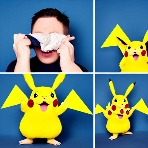 Prompt: portrait sneezing mid - sneeze midsneeze detective sneezing pikachu mid - sneeze wiping face with rag at a photoshoot studio lighting