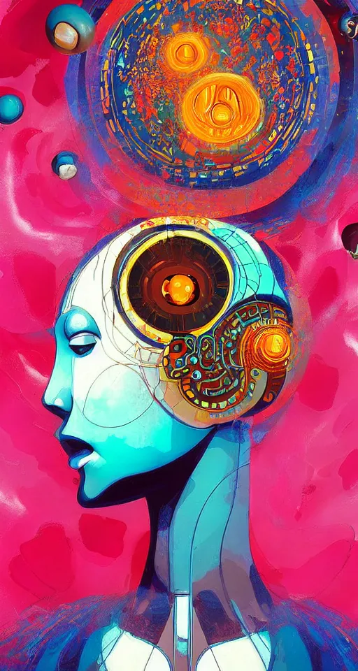 Image similar to art deco close up portait of mushroom head surrounded by spheres, like a dream digital painting cinematic dramatic fluid lines otherworldly vaporwave interesting details rule of thirds epic composition by artgerm basquiat