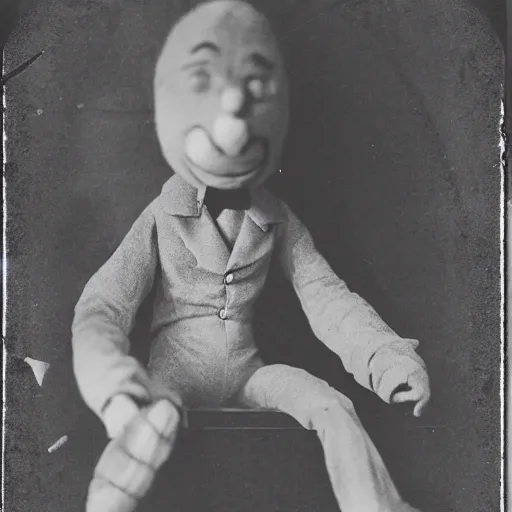 Image similar to ventriloquist figure laying on a stage, smiling, photograph, style of atget, unsettling, spooky, moody