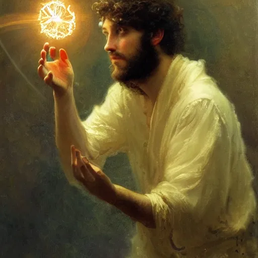 Image similar to a handsome young man with curly brown hair summons a ball of light into his hand. dramatic. cinematic. holy. saintly. demigod. lord of light. gaston bussiere. geoffroy thoorens