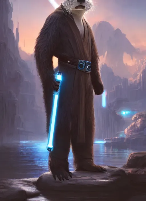 Image similar to portrait, anthropomorphic otter wearing Jedi robes wielding a blue lightsaber in a futuristic river town. Dramatic lighting, cinematic, establishing shot, extremely high detail, photo realistic, post processed, artstation, matte painting, style by eddie mendoza, raphael lacoste, alex ross