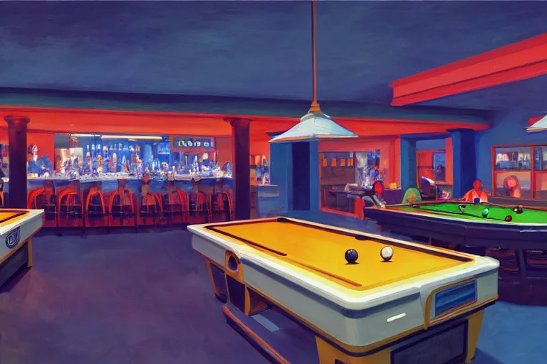 Image similar to a space station bar in jupiter with humans playing pool interacting and drinking, artstation, concept art by edward hopper, colorful lighting