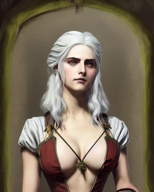 Image similar to Pre-Raphaelite Ciri from Witcher 3 by Studio Ghibli and UFO Table, intricate, elegant, highly detailed, digital painting, pale