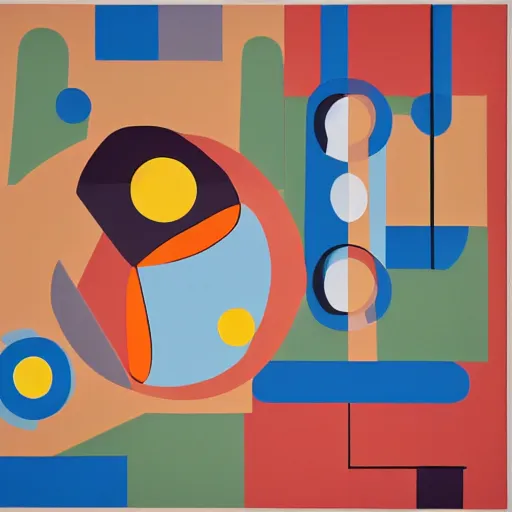 Prompt: A painting of a rotary dial phone, abstract painting in the style of Sophie Taeuber-Arp and Gary Hume and Tatsuro Kiuchi, flat colour-block style, geometric abstraction, earthy light pastel colours