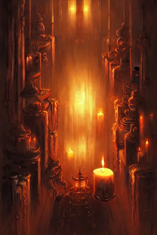 Image similar to dreamy dark hall with candles and dripping wax. beautiful intricately detailed japanese artwork, fantasy art by bayard wu, trending on artstation, epic, shine