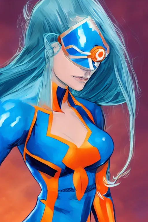Prompt: blue eyed female Latin superhero with long hair and orange transparent goggles, WLOP, by marvel, trending on artstation