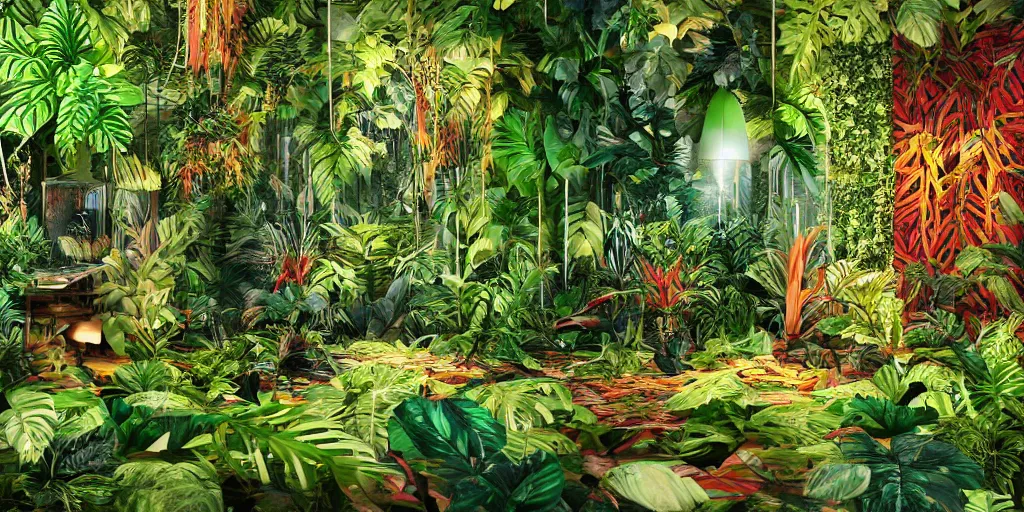 Prompt: Amazonian jungle with tropical plants and leaves falling from tree and a rectangular colorful neon frame placed in the center , unreal 5, hyperrealistic, realistic, photorealistic, dynamic lighting, highly detailed, cinematic landscape, studio landscape, studio lighting