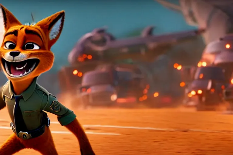 Image similar to nick wilde ( from zootopia ), heavily armed and armored facing down armageddon in a dark and gritty reboot from the makers of mad max : fury road : witness me