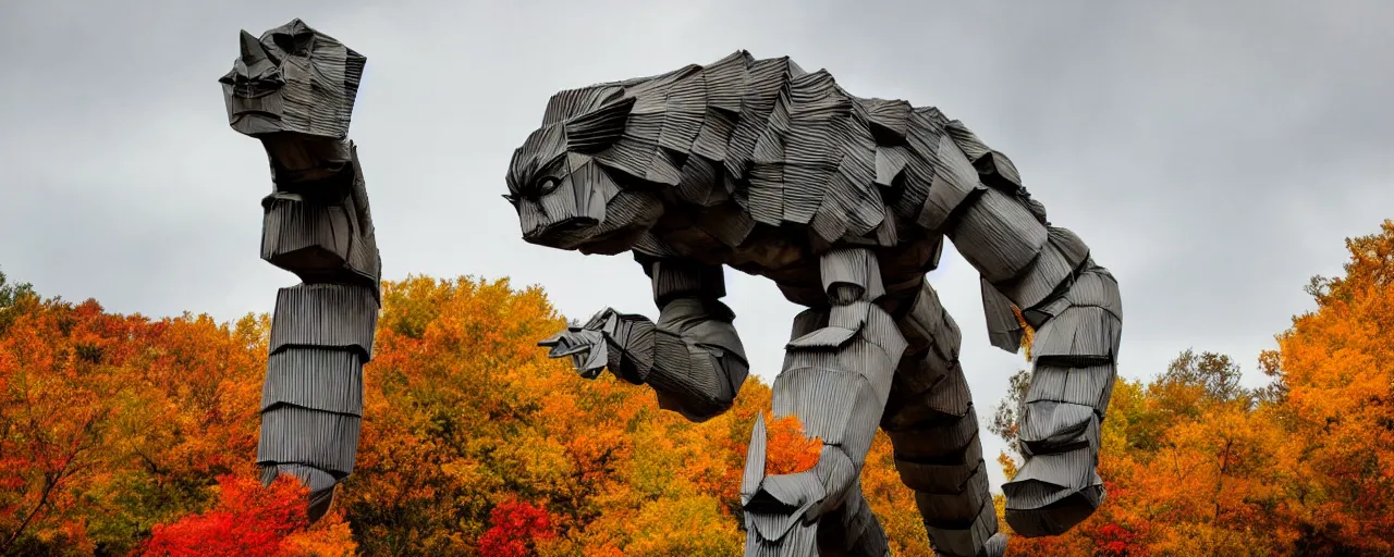 Prompt: ancient colossus made of origami striding across the open planes, fall colors, rustic vibes