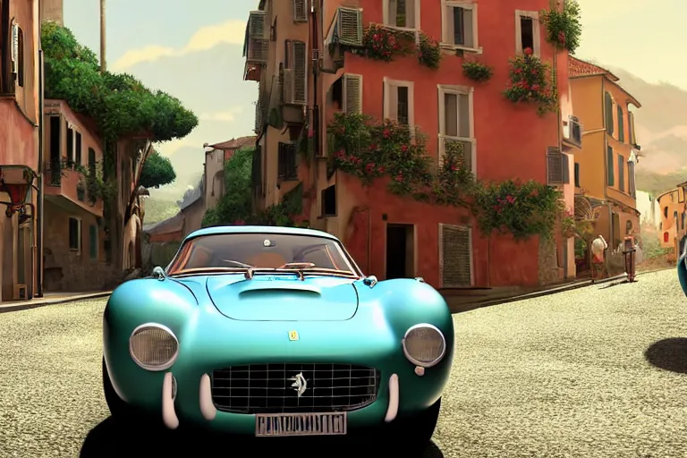 Prompt: a wholesome animation key shot of!! one!! focused!! ferrari 2 5 0 gt!! in beautiful cinque terre italian street, medium shot, studio ghibli, ( pixar ) and disney animation, sharp, very detailed, high resolution, rendered in unreal engine 5, anime key art by greg rutkowski, bloom, dramatic lighting