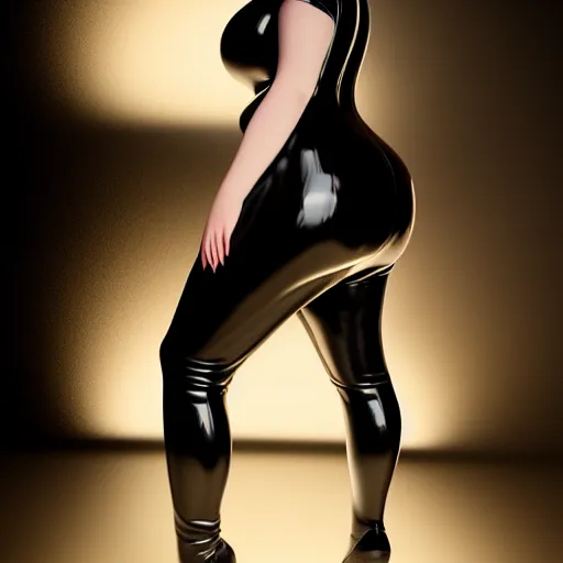 Image similar to a curvy pale goth woman wearing an elegant tight shiny dark latex high-neck dress, cgsociety, photorealistic, sublime-cool-hot-hyperadvanced, 16k, smooth, sharp focus, trending on ArtStation, volumetric lighting, fully clothed, thin waist