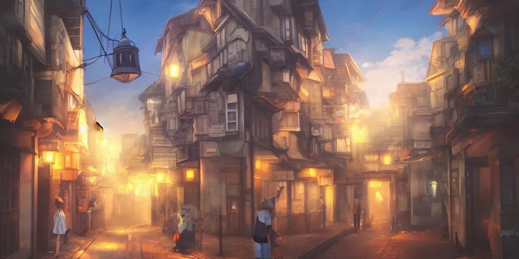 Image similar to a street, cinematic angle, studio Ghibli, volumetric lighting, breathtaking, beautiful composition, elegant, digital art, detailed, oil painting, hyperrealistic, sharp focus, 8k