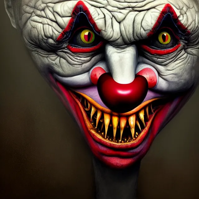 Image similar to gediminas pranckevicius | close up portrait of a evil clown with sharp teeth in the sinister valley of despair, one mouth, one nose, two eyes, oil painting by tomasz jedruszek, cinematic lighting, pen and ink, intricate line, hd, 4 k, million of likes, trending on artstation