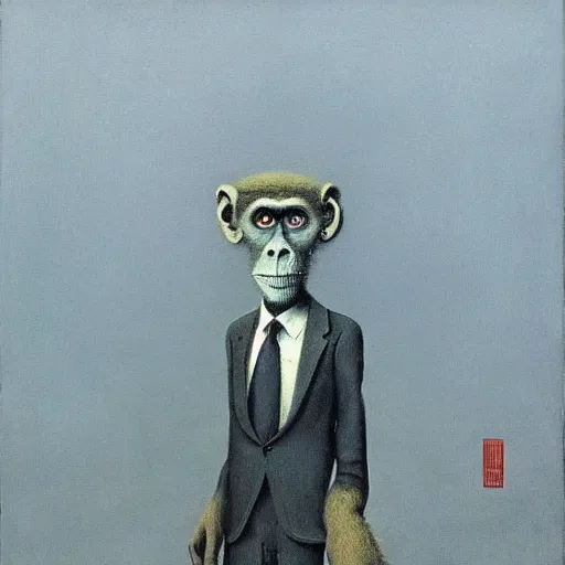 Image similar to monkey in a suit made by zdzislaw beksinski