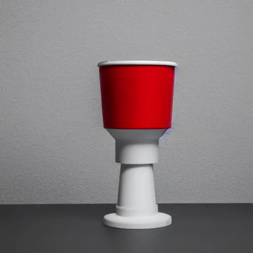 Image similar to an ultra high definition professional studio quality photograph of a red cup on a white plinth in an empty white room, a mobile phone is on top of plinth in the centre of the photograph. three point light.