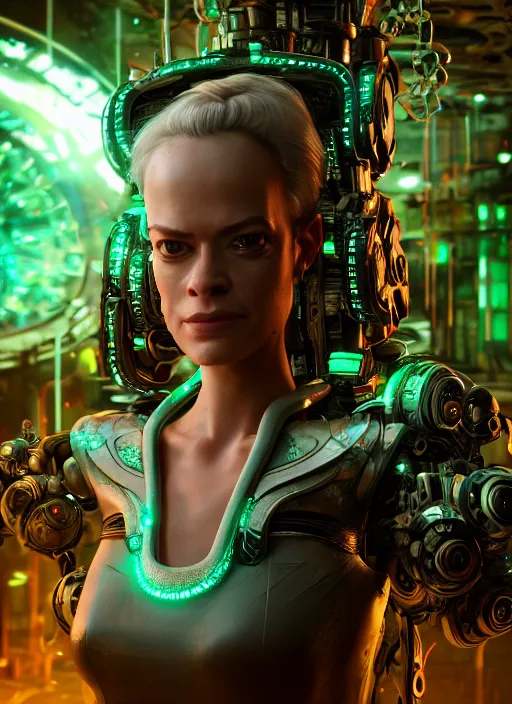 Image similar to 35mm portrait of 7 of 9 borg on the background of a weird magical mechanical forest. Round gears visible inside her hear. Very detailed 8k. Fantasy cyberpunk horror. Sharp. Unreal 5 render with nanite, global illumination and path tracing. Cinematic post-processing