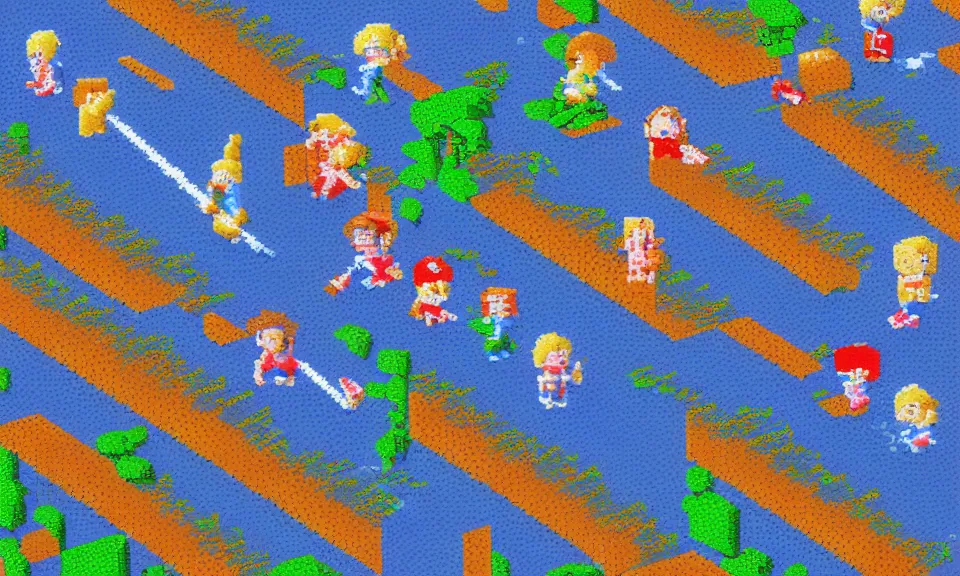 Image similar to 1 6 bit sprite painting of tiny people walking on the moon the style of eric chahi, in the style of 1 6 bit, in the style of sega genesis, in the style of another world