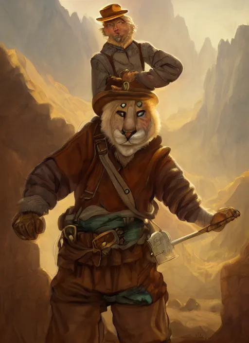 Image similar to fursona commission of a anthro albino mountain lion wearing old-timey miner's clothes. pretty, beautiful, DnD character art portrait, matte fantasy painting. Desert mining town. DeviantArt Artstation, by Jason Felix by Steve Argyle by Tyler Jacobson by Peter Mohrbacher, cinematic lighting