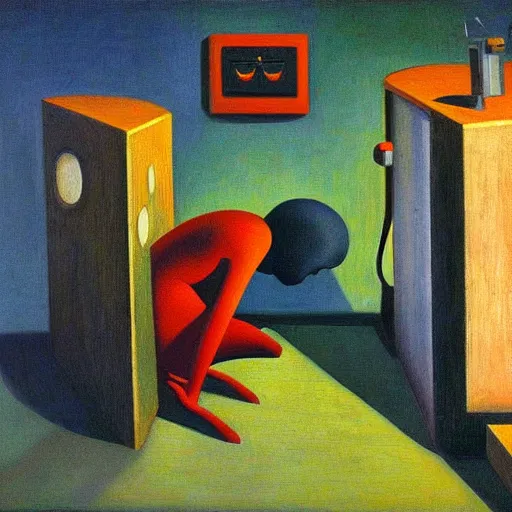 Image similar to robots prostrate jum ah, grant wood, pj crook, edward hopper, oil on canvas