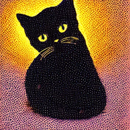 Prompt: black cat with a stubby tail sleeping in a sunbeam, pointillism