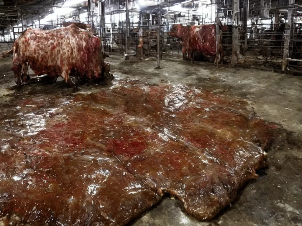 Prompt: shiny slab of beef being eaten by flies, warehouse, slaughterhouse, nightmare, horror,