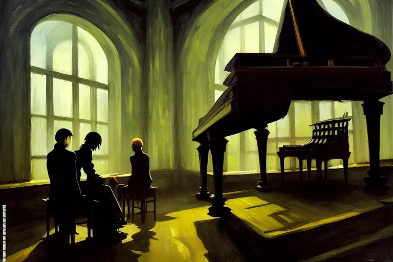 Prompt: anime key visual of grimdark tower of skulls, at the base of the tower of skulls is a grand piano, overcast and rainy, in the style of jamie wyeth james gilleard edward hopper greg rutkowski acrylic painting, oil on canvas, preserved museum piece, historical