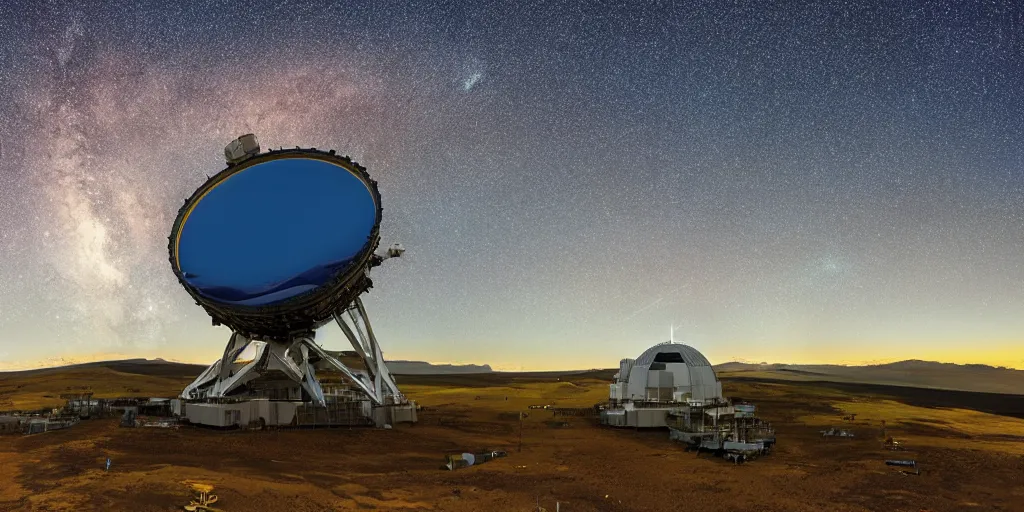 Image similar to huge telescope on mauna kea, big telescope in front, starry sky in background, blue color scheme, wide - angle lens, by hasui kawase