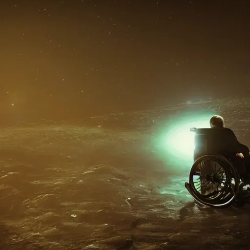 Image similar to Stephen Hawking in his wheelchair floating in completely dark outer space, digital art, trending on ArtStation, 3d rendered in octane, blender, epic lighting, highly detailed, smooth, Unreal Engine 5, cinematic, 8k, 4k