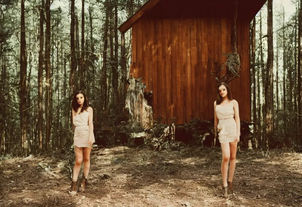 Image similar to lomo photo of adelaide kane standing i front of a modern forest cabin, cinestill, bokeh, out of focus