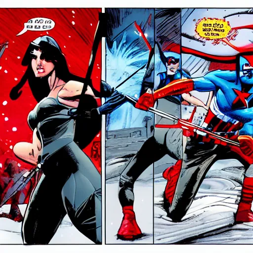 Prompt: elektra fighting captain america in a white snow blizzard, dynamic, style of bill sienkiewicz, frank miller, vibrant, comic page panels, illustration, epic battle, NYC at night in background